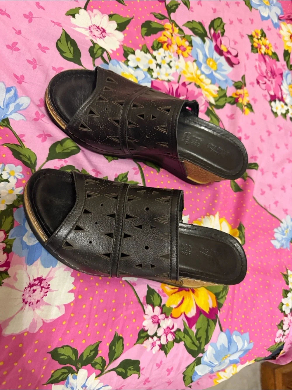 Women's Black Wedge Slide Sandals with Cork-Look Heel